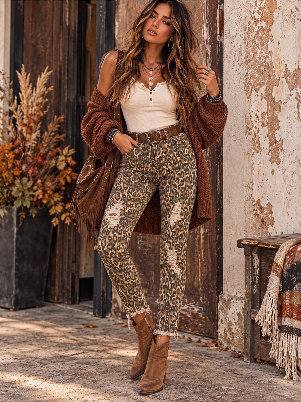 Easel Leopard Print Distressed Skinny Jeans Women’s Animal Print Raw Hem Boho s